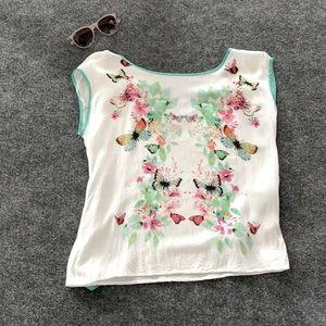 White & Teal Beautiful Floral & Butterflies Top